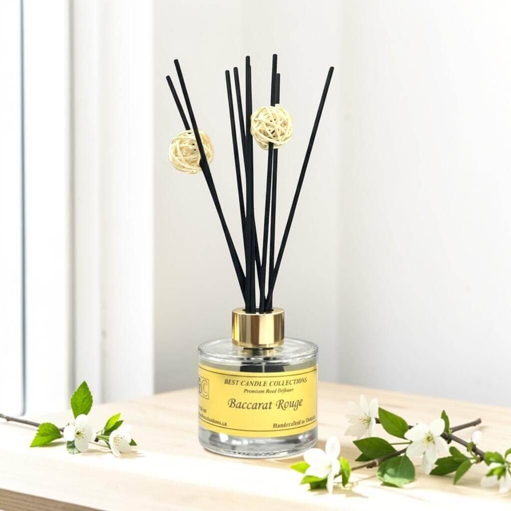 Reed diffuser with Baccarat Rouge scent for elegant home fragrance.