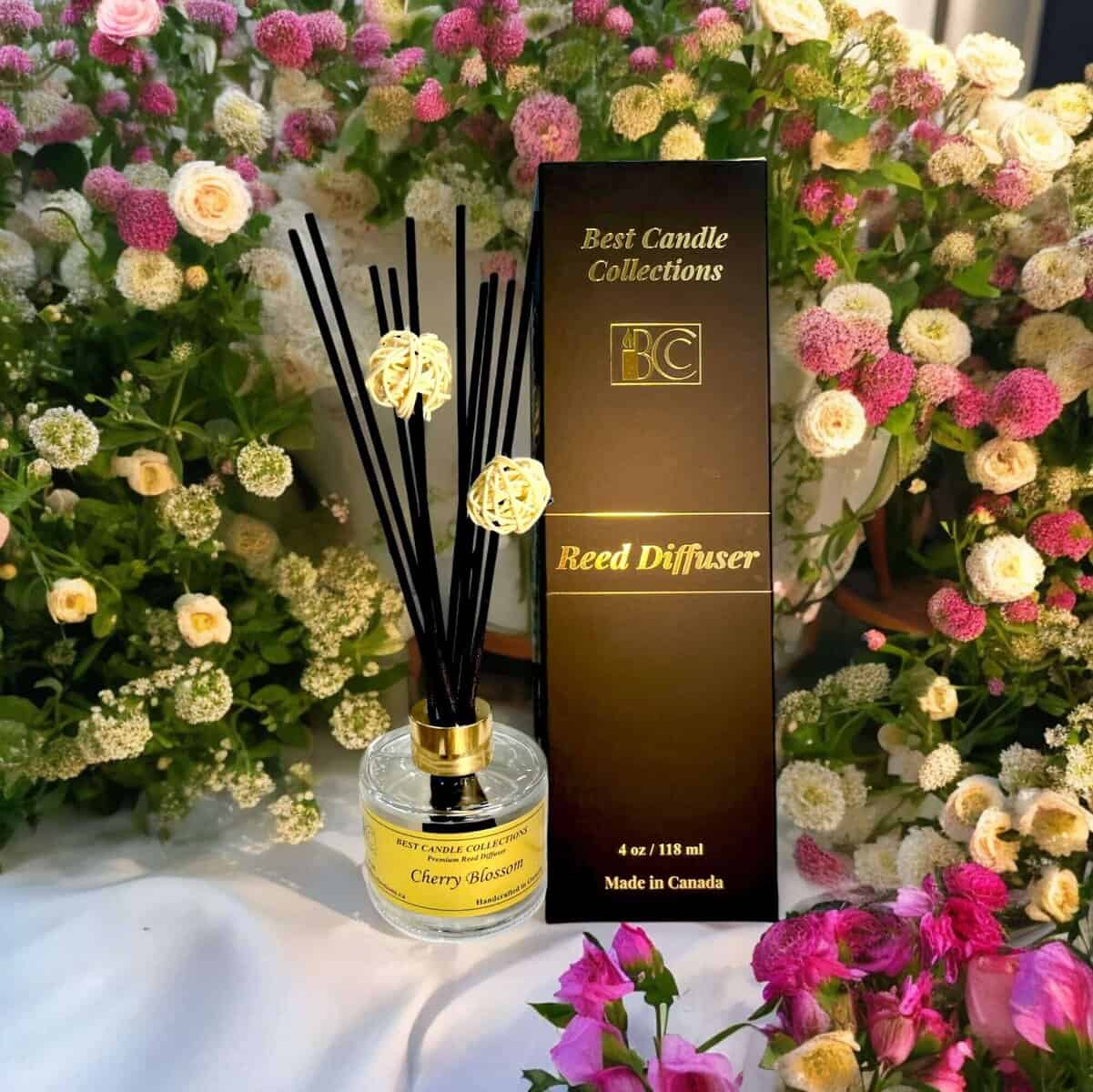 Reed Diffuser for Cherry Blossom scent, elegant home fragrance.