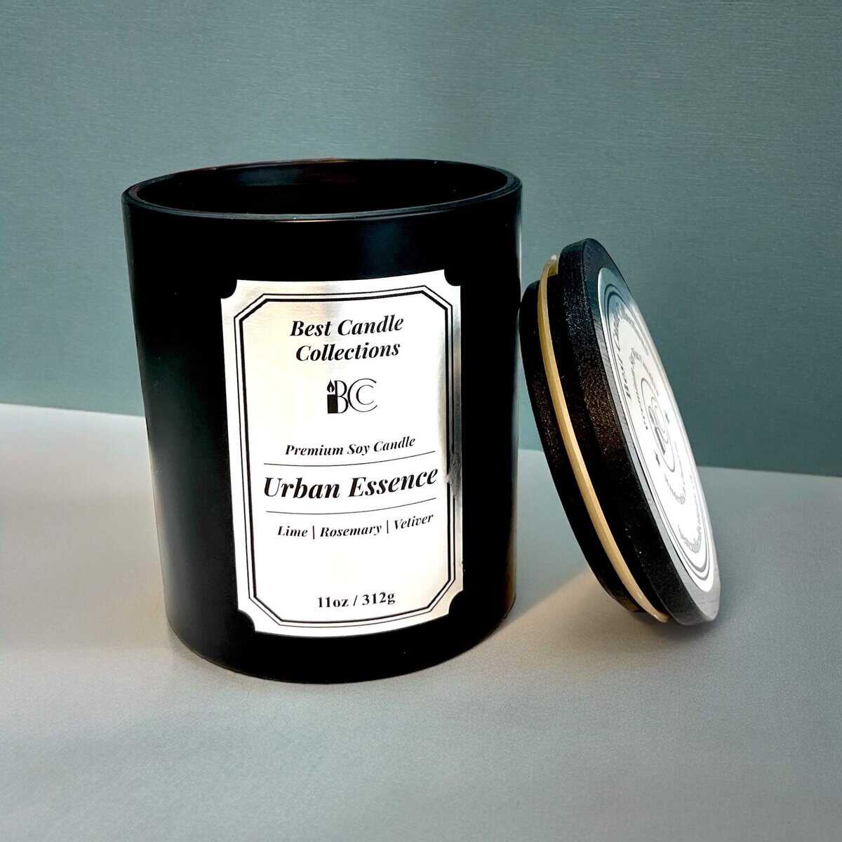 Urban Essence scented soy wax candle in 11oz jar, perfect for home fragrance.