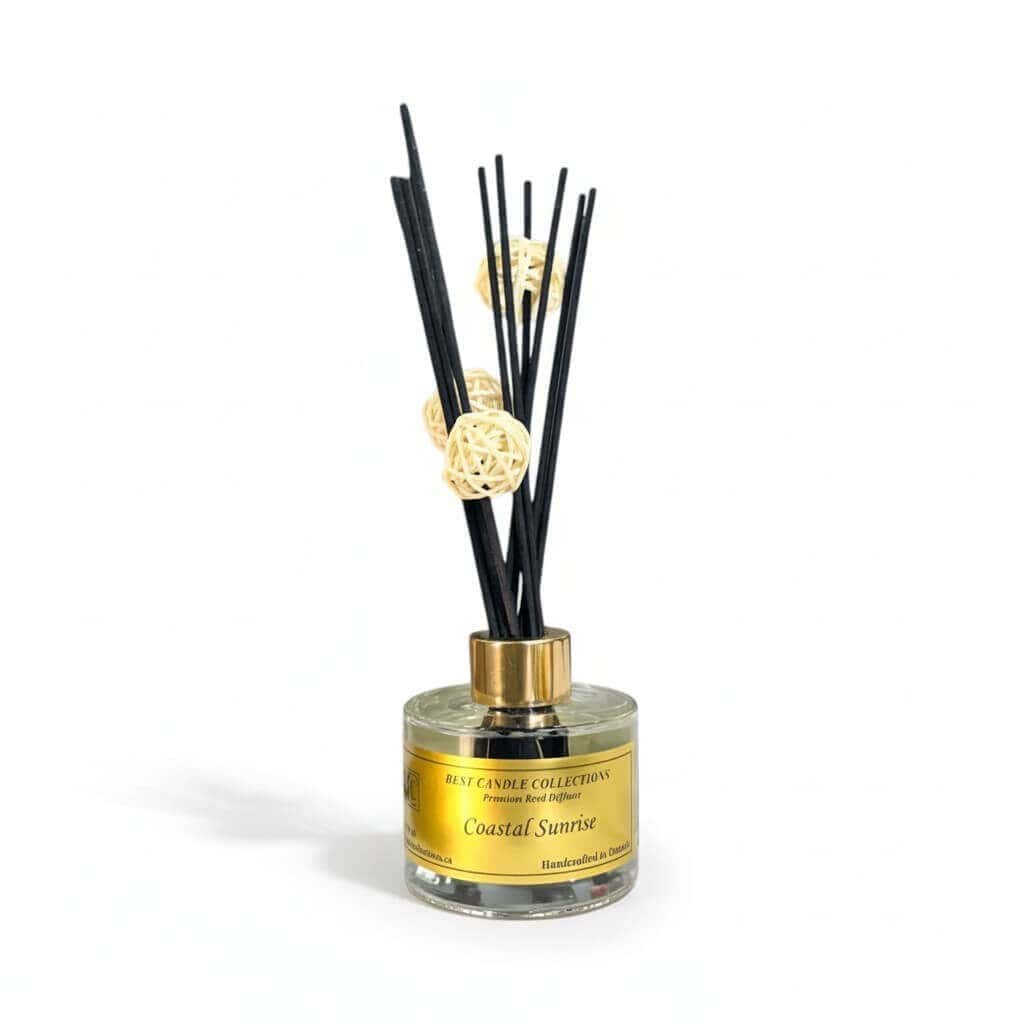 Reed diffuser with black sticks and decorative balls for coastal scent.