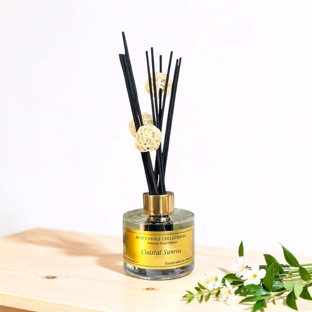 Reed diffuser with black sticks and decorative rattan balls, perfect for a coastal-inspired home fra.