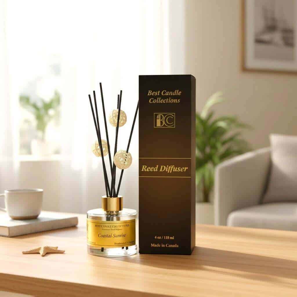 Coastal Sunrise reed diffuser with black sticks and gold accents in a modern living room.