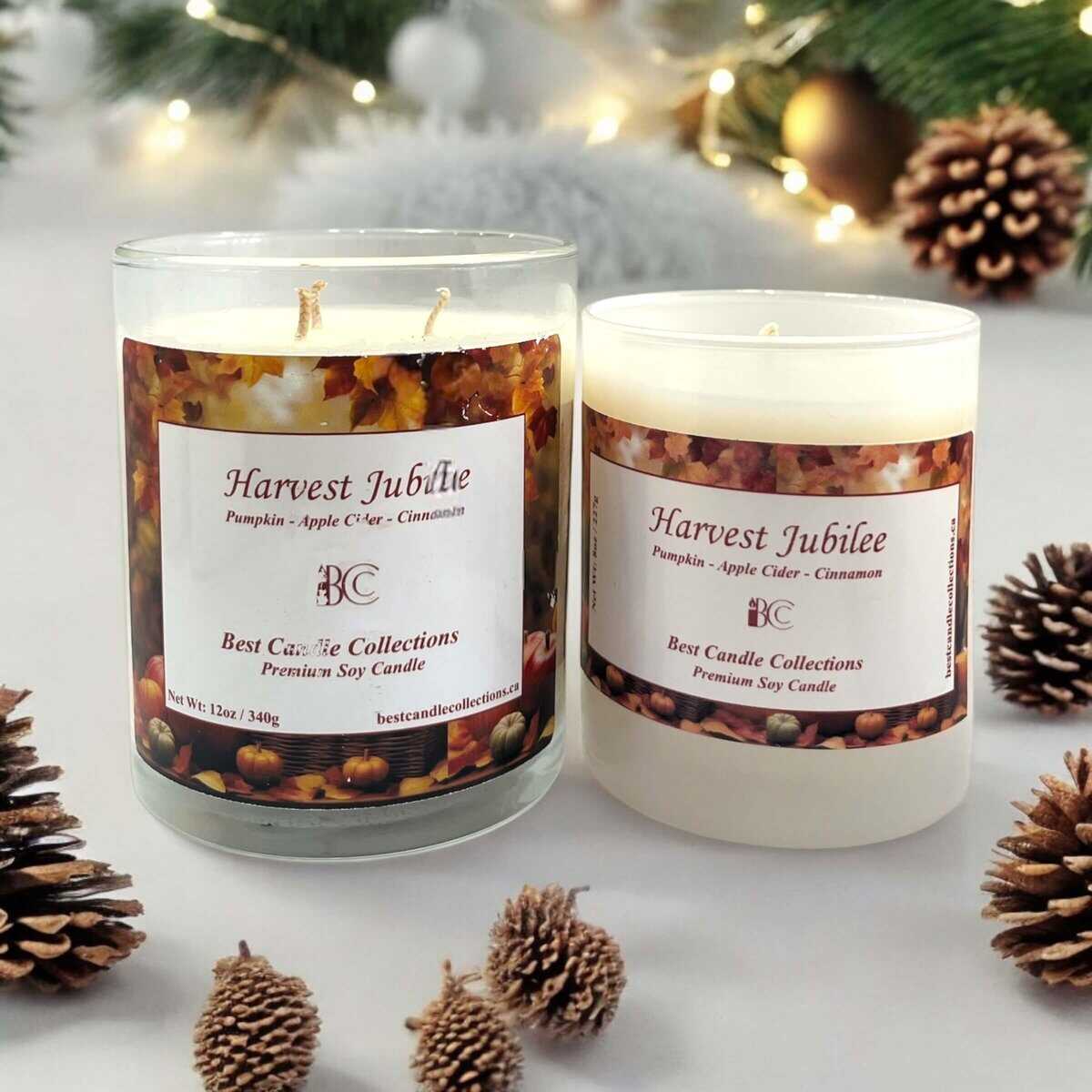 A festive Harvest Jubilee soy candle with pumpkin, apple cider, and cinnamon scents, perfect for aut.