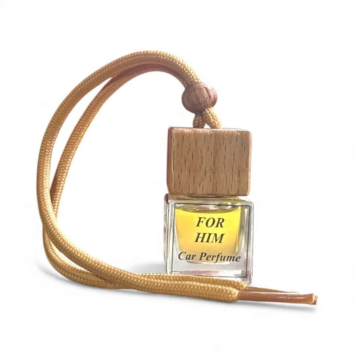 Car diffuser with "For Him" scent, wooden cap, and beige cord.