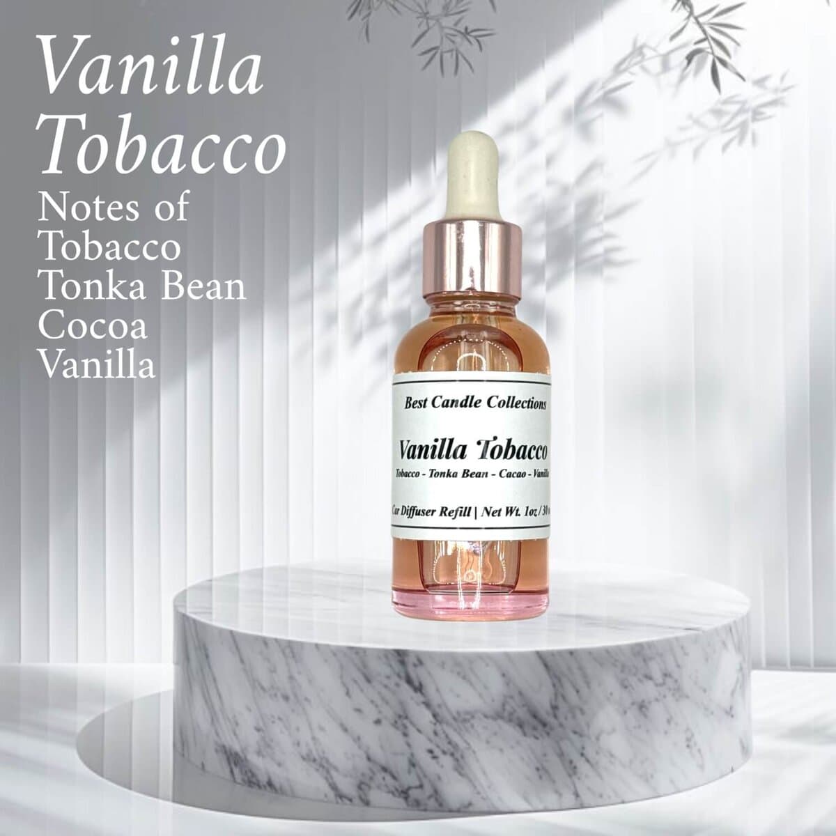 Vanilla Tobacco diffuser refill with notes of tobacco, tonka bean, cocoa, and vanilla.
