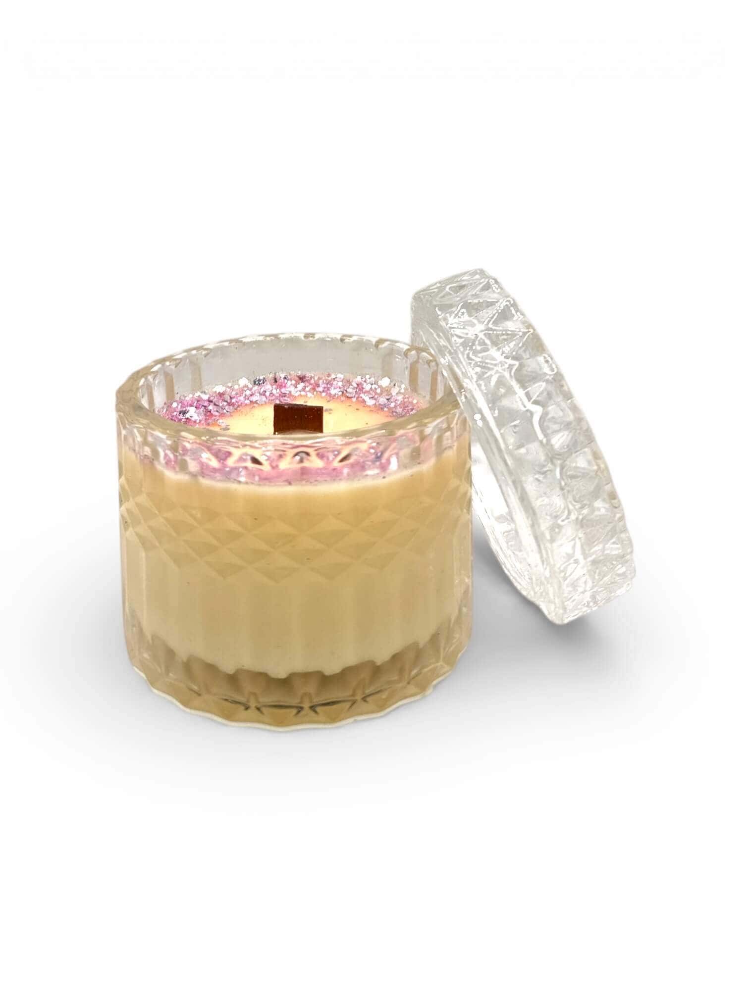 Elegant Baccarat Rouge scented soy candle in a decorative glass jar.