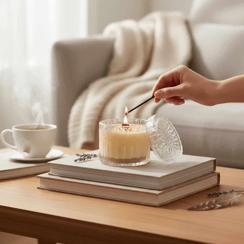 Elegant Baccarat Rouge scented soy candle in a glass jar.