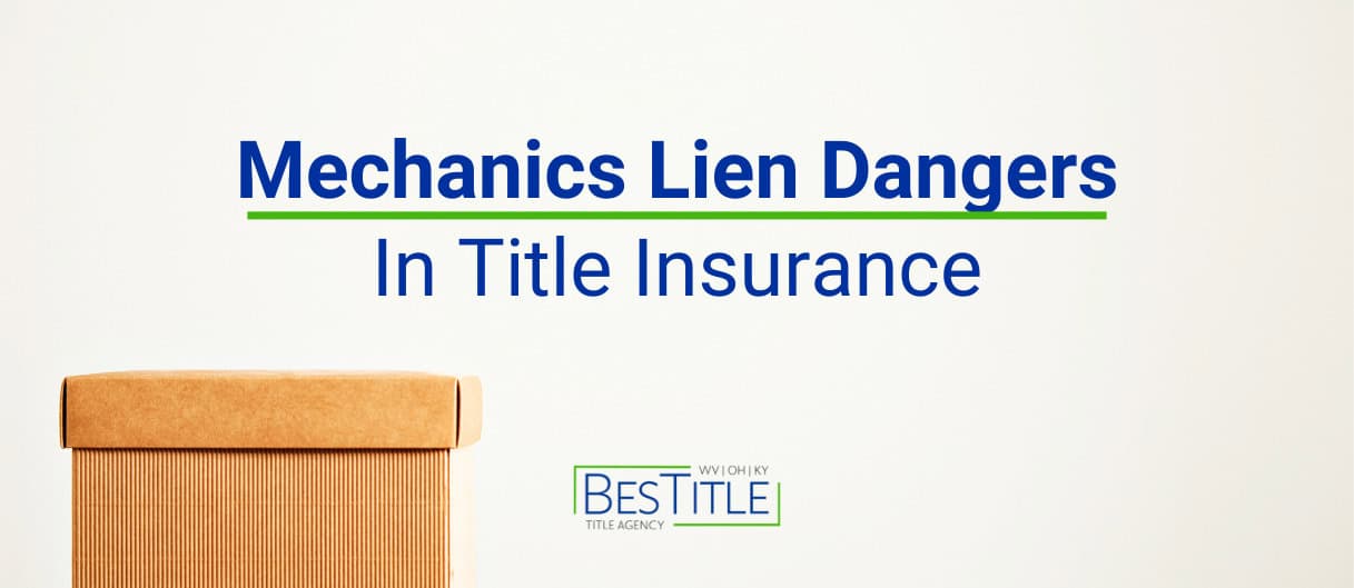 A box sitting in front of a white wall. The words "Mechanics Lien Dangers in Title Insurance" are highlighted in the upper center of the image. The BesTitle logo is place in the lower center of the image, under the words.