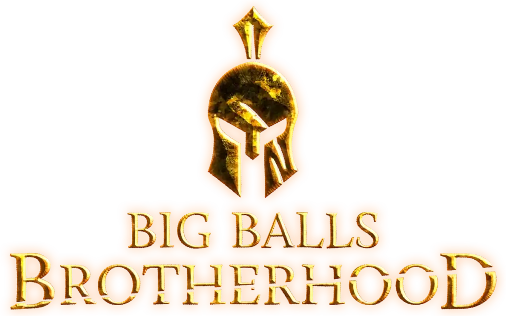 Bold metallic Big Balls Brotherhood logo with Spartan helmet design, emphasizing camaraderie and strength in men's brotherhood communities.