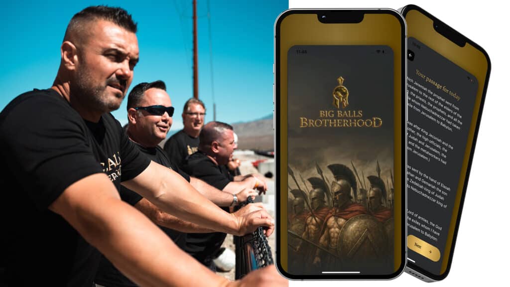 Bold, muscular men wearing black Big Balls Brotherhood t-shirts standing outdoor against blue sky, symbolizing brotherhood and unity.