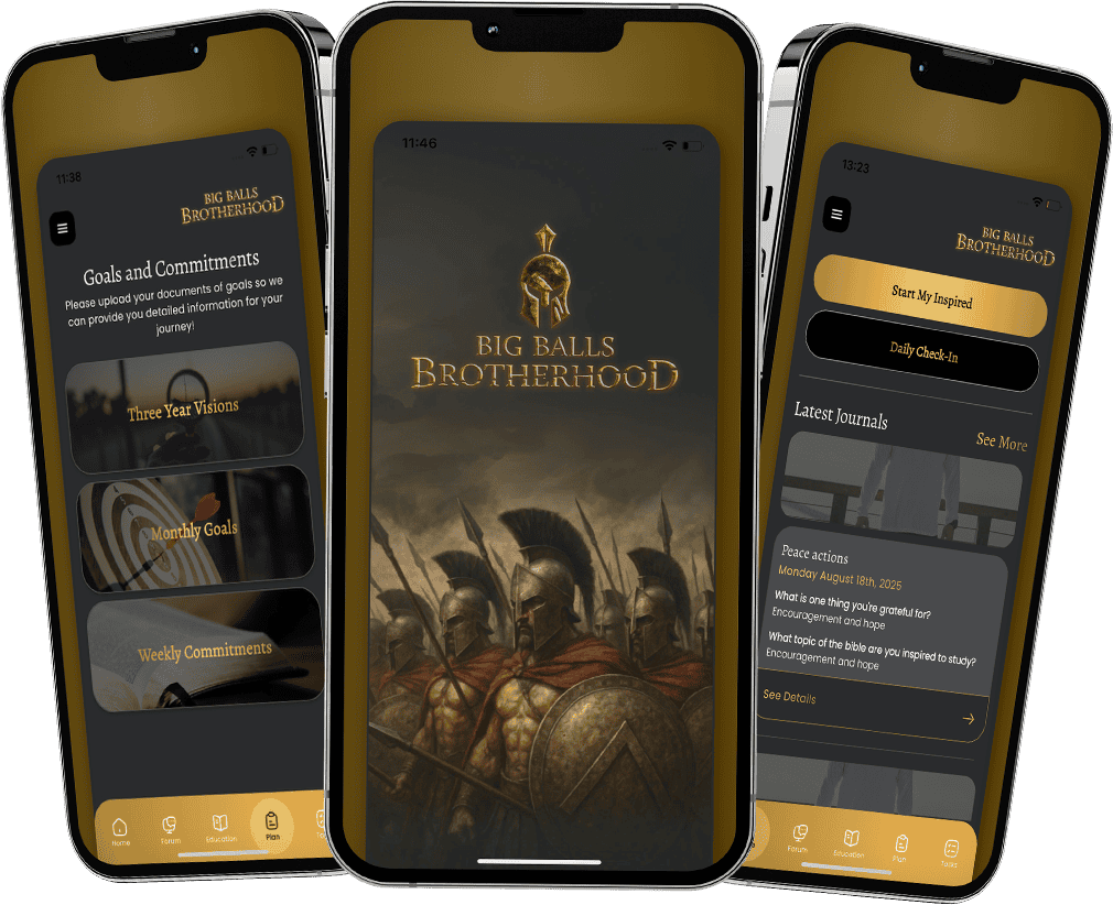 Big Balls Brotherhood mobile app interface showcasing goals, commitments, and journal features for personal growth and brotherhood connection.