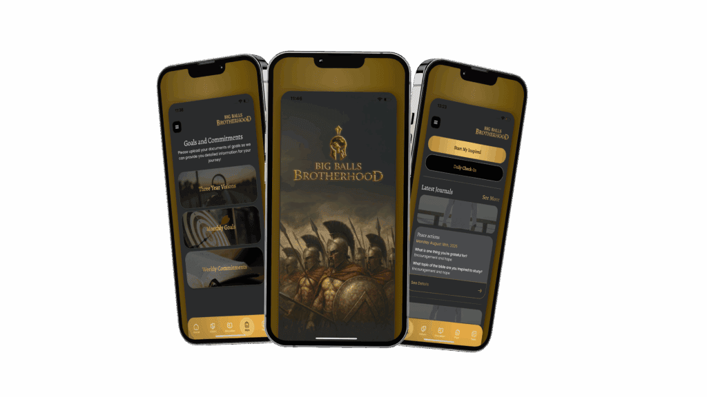 Big balls brotherhood mobile app interface featuring goals, commitments, and journaling tools for personal growth and brotherhood connection, with a focus on motivation and community building.