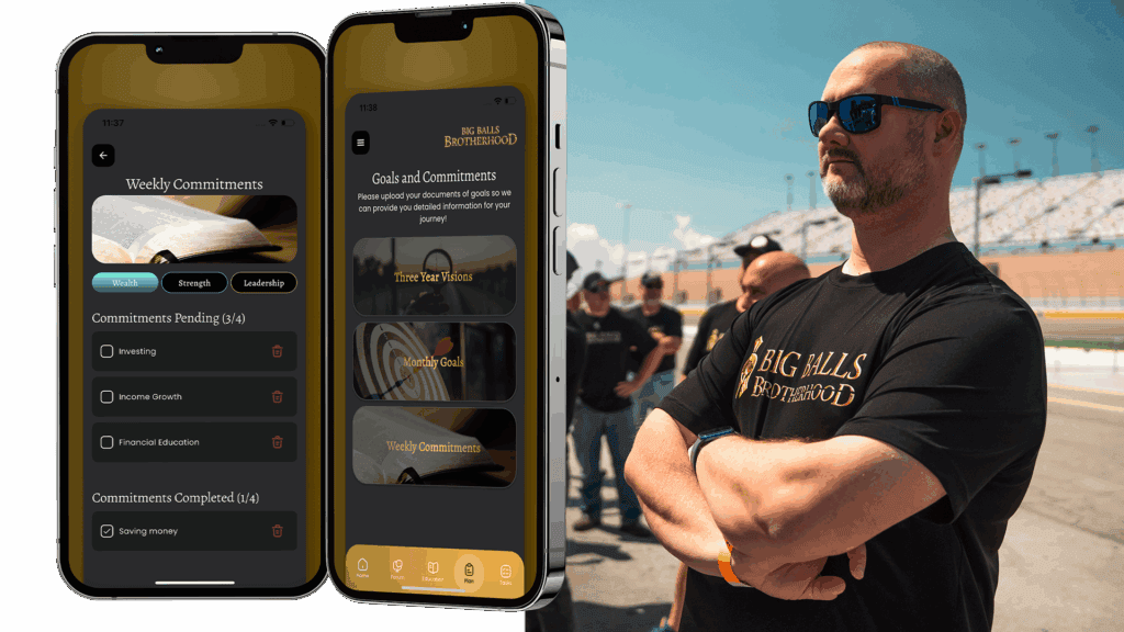 Mobile app screens showcasing Big Balls Brotherhood's goal tracking and commitment management features.
