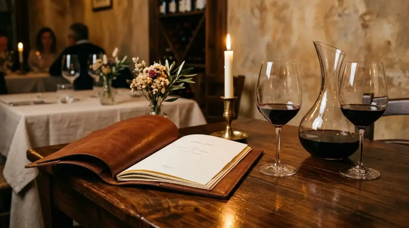 Carta dei vini elegante aperta su un tavolo di ristorante italiano