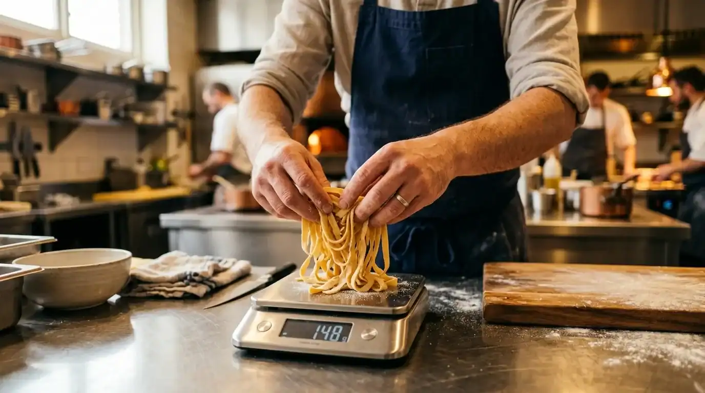 Uomo che prepara pasta fresca con attenzione in una cucina moderna, evidenziando l'uso di un menu di.