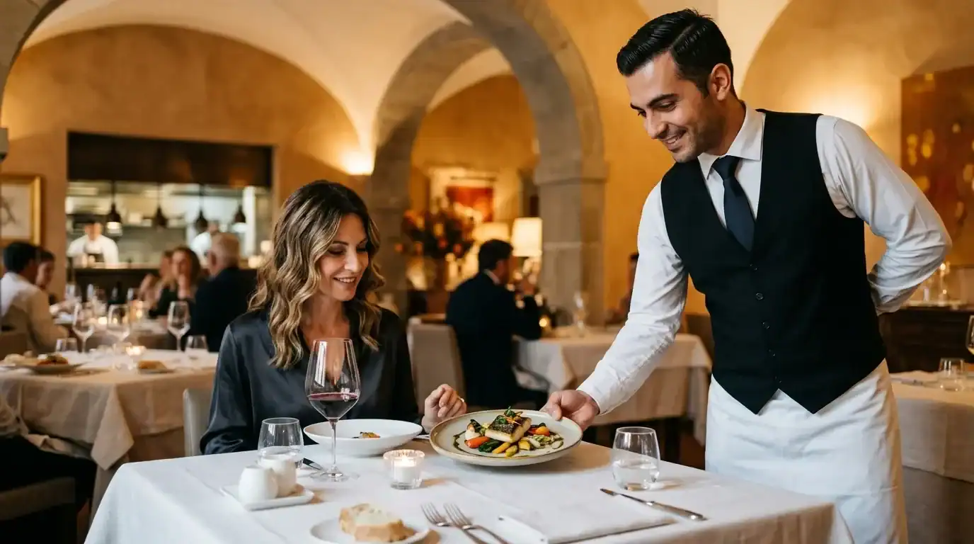 Immagine di un cameriere che serve un piatto a una cliente sorridente in un ambiente raffinato.