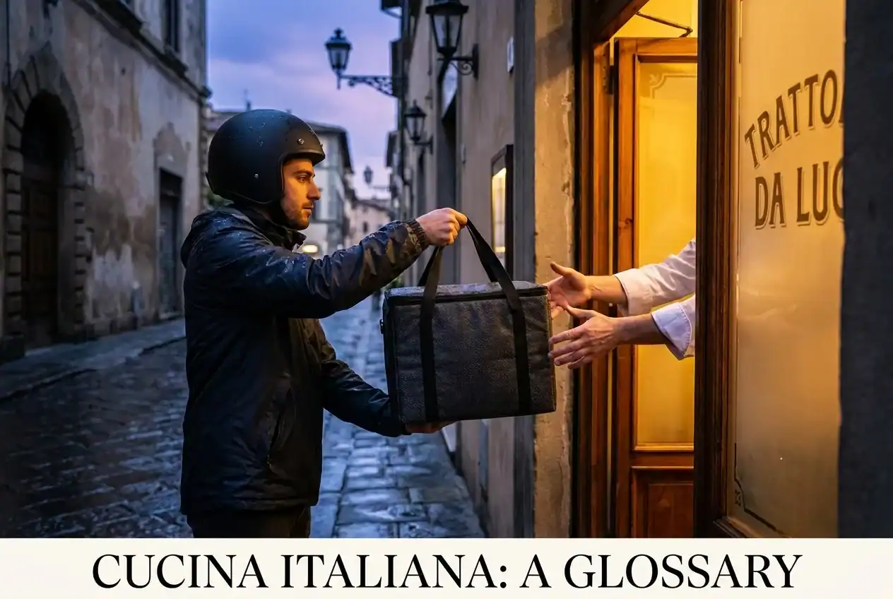 Rider in divisa con zaino termico davanti all'ingresso illuminato di una trattoria italiana all'ora di cena, strada bagnata dalla pioggia