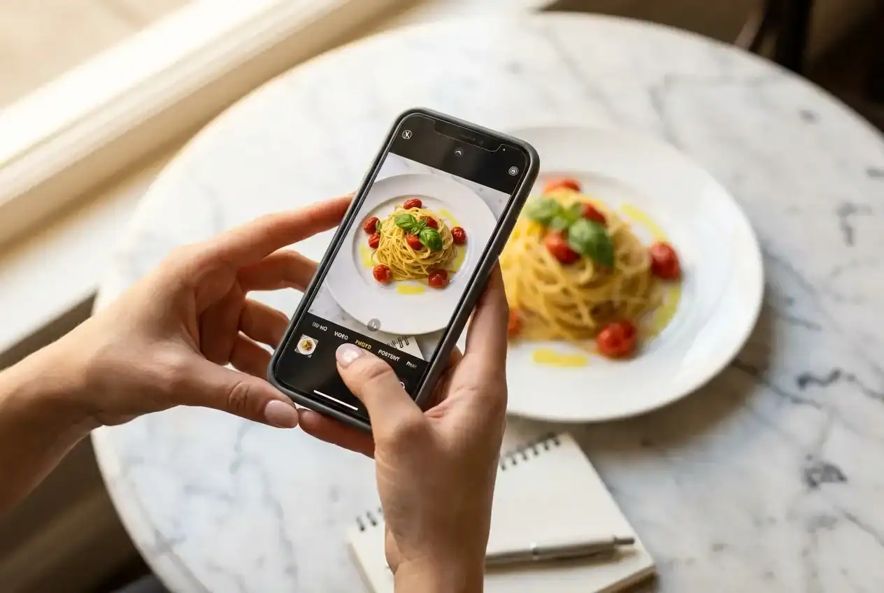 Mani che tengono uno smartphone per fotografare un piatto impiattato su tavolo di ristorante italiano, luce naturale laterale