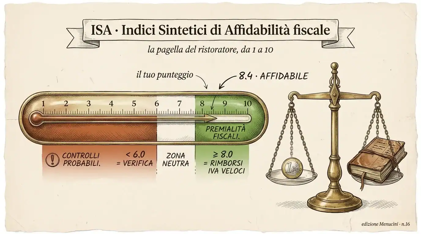 Indicatore di affidabilità fiscale con bilancia e documenti cartacei.