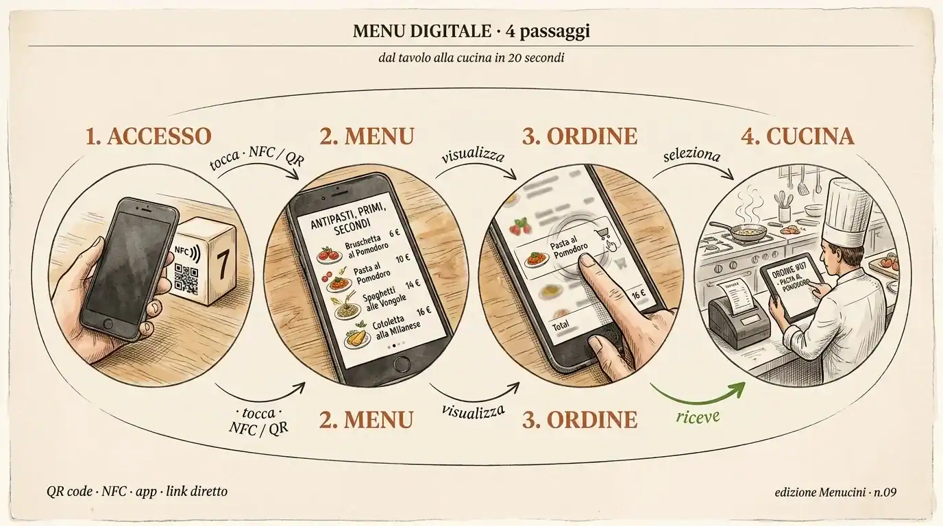 Immagine di un dispositivo mobile che utilizza un menu digitale per ordinare cibo.