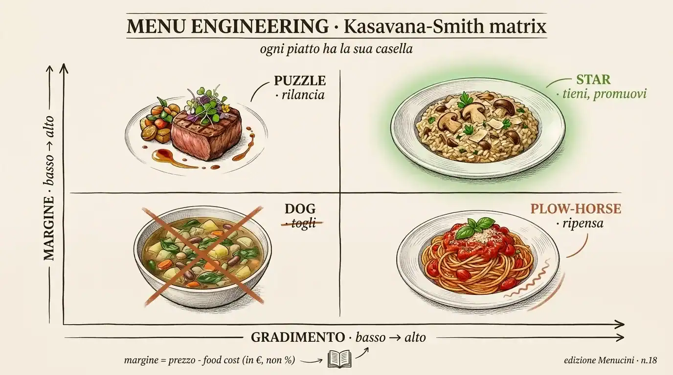 Immagine che illustra un diagramma di menu engineering con piatti tradizionali e strategie digitali.
