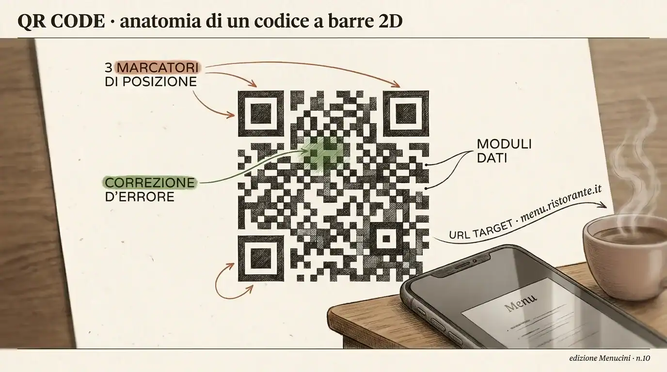 Codice QR con moduli dati e correzione errori per menu digitale.