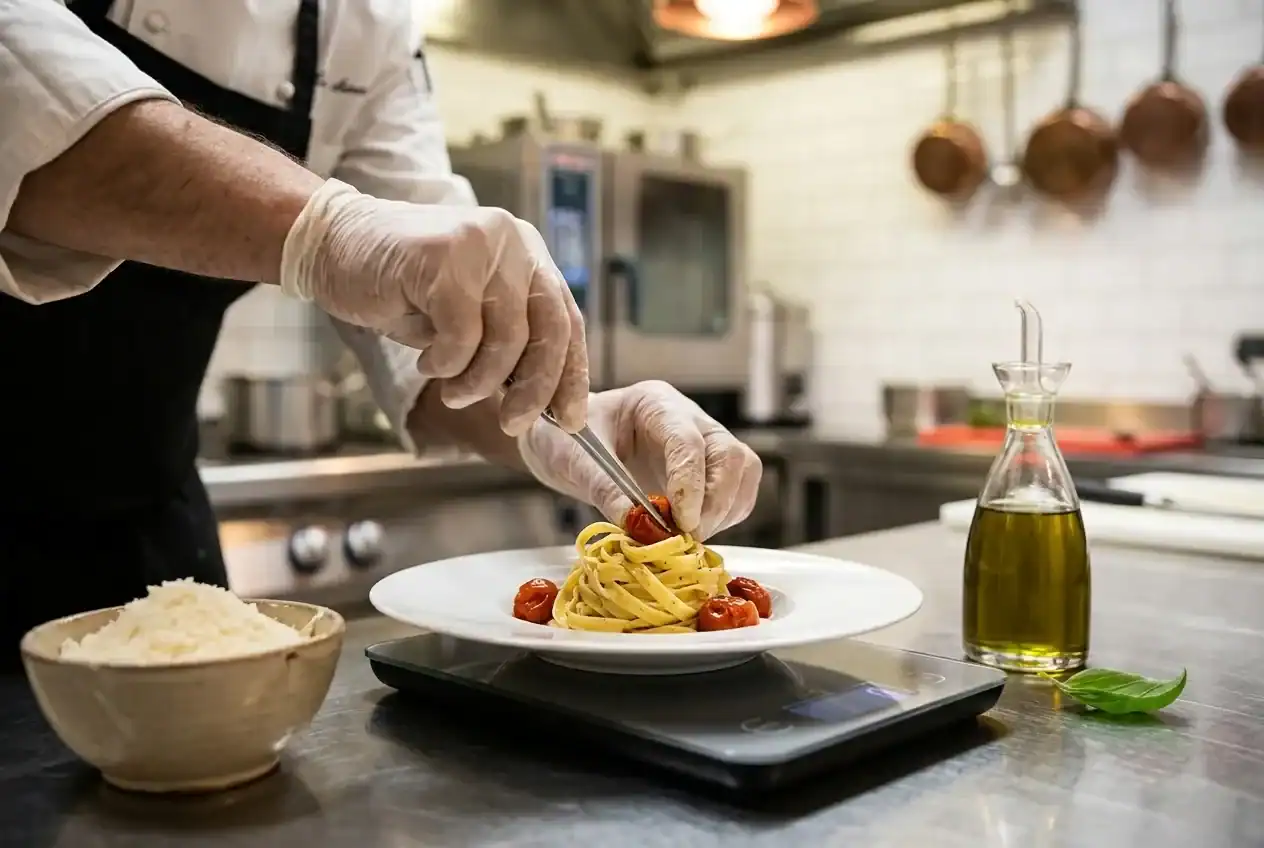 Chef in divisa che porziona carne su una bilancia digitale, con un tagliere di legno e coltello a lato, luce fredda di una cucina professionale