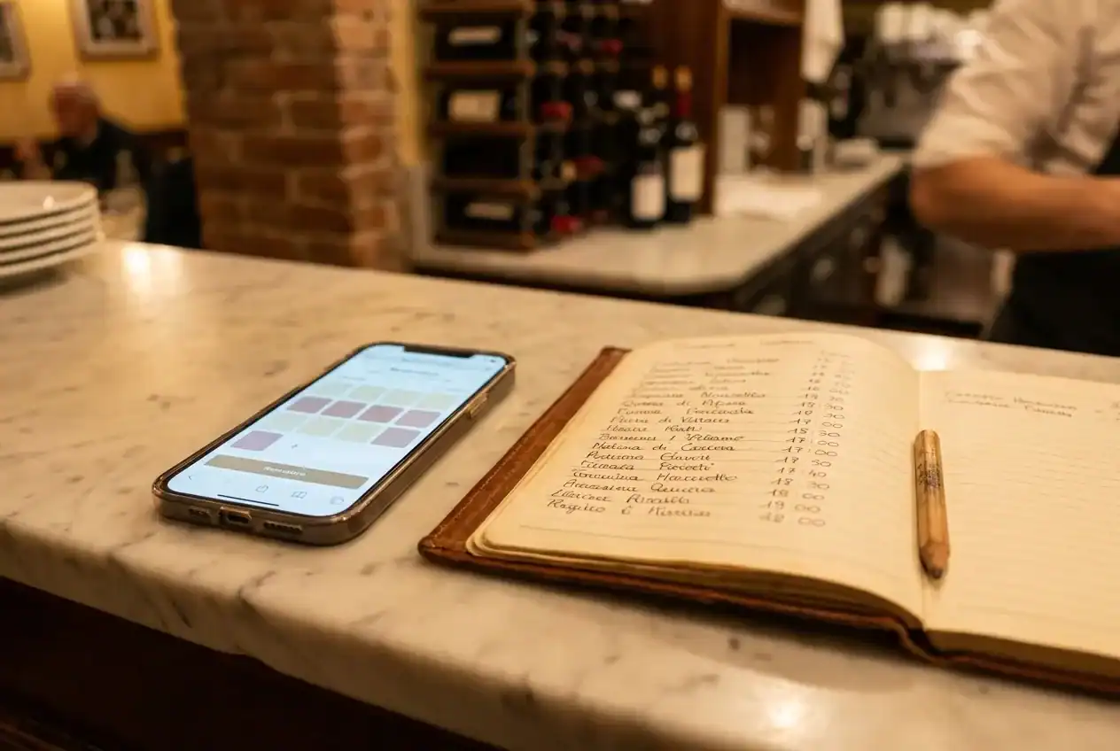 Smartphone che mostra app di prenotazione ristorante appoggiato sul bancone di un locale italiano con menu e bicchieri sullo sfondo