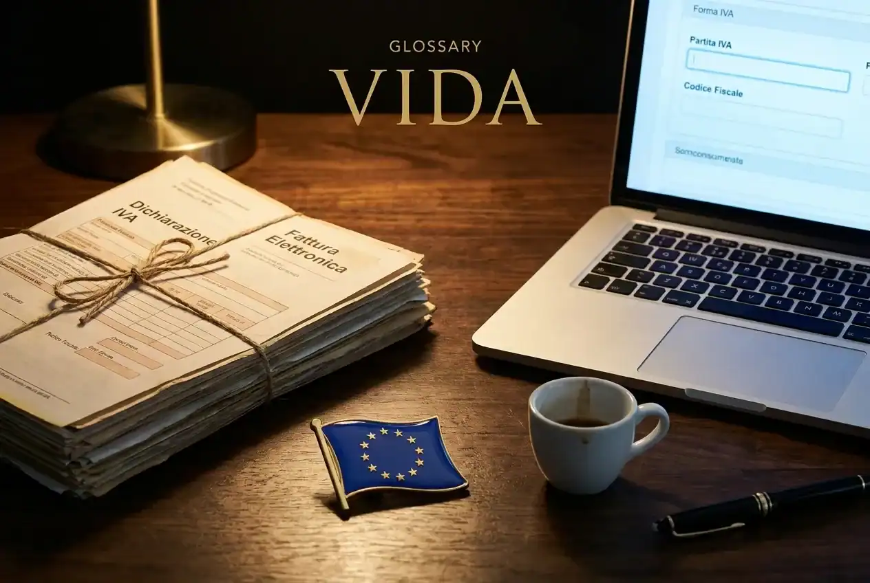 Documenti e laptop con bandiera UE, simbolo di digitalizzazione e modernità nel settore della ristor.