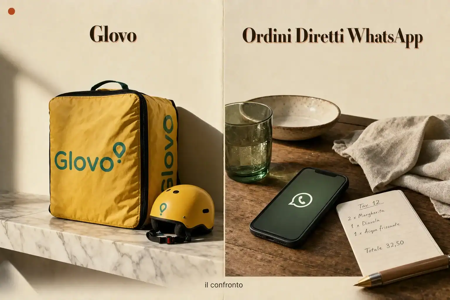 Borsa e casco Glovo con smartphone e ordine WhatsApp su tavolo in ambiente domestico.