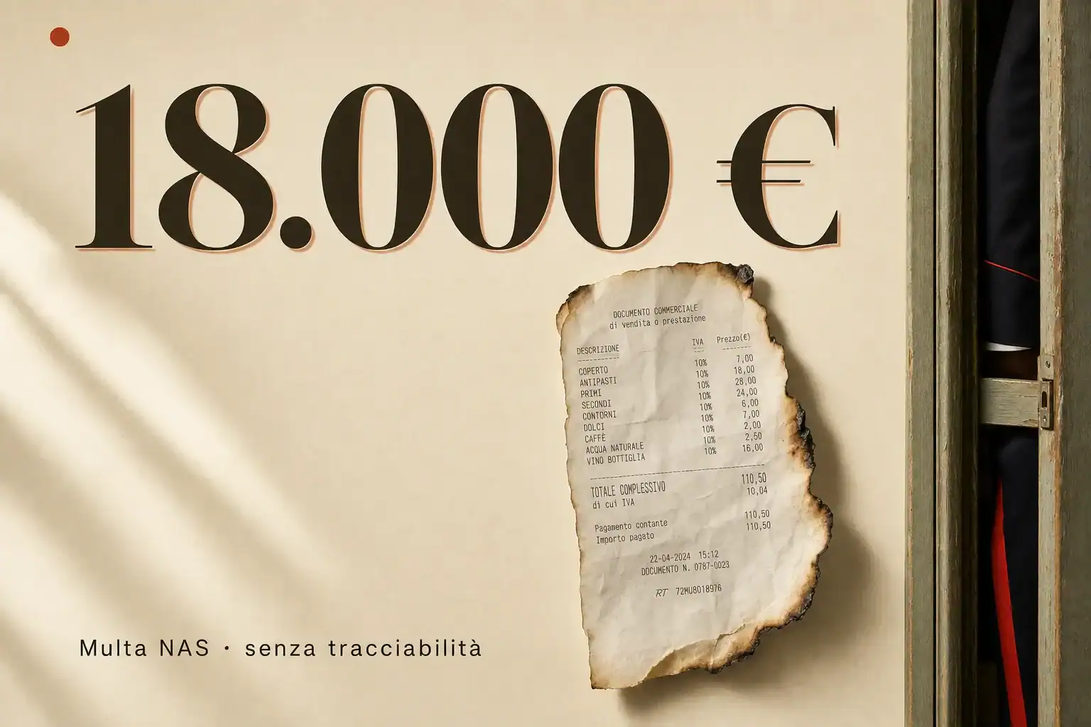 Prezzo di 18.000 € con scontrino bruciato su sfondo neutro.