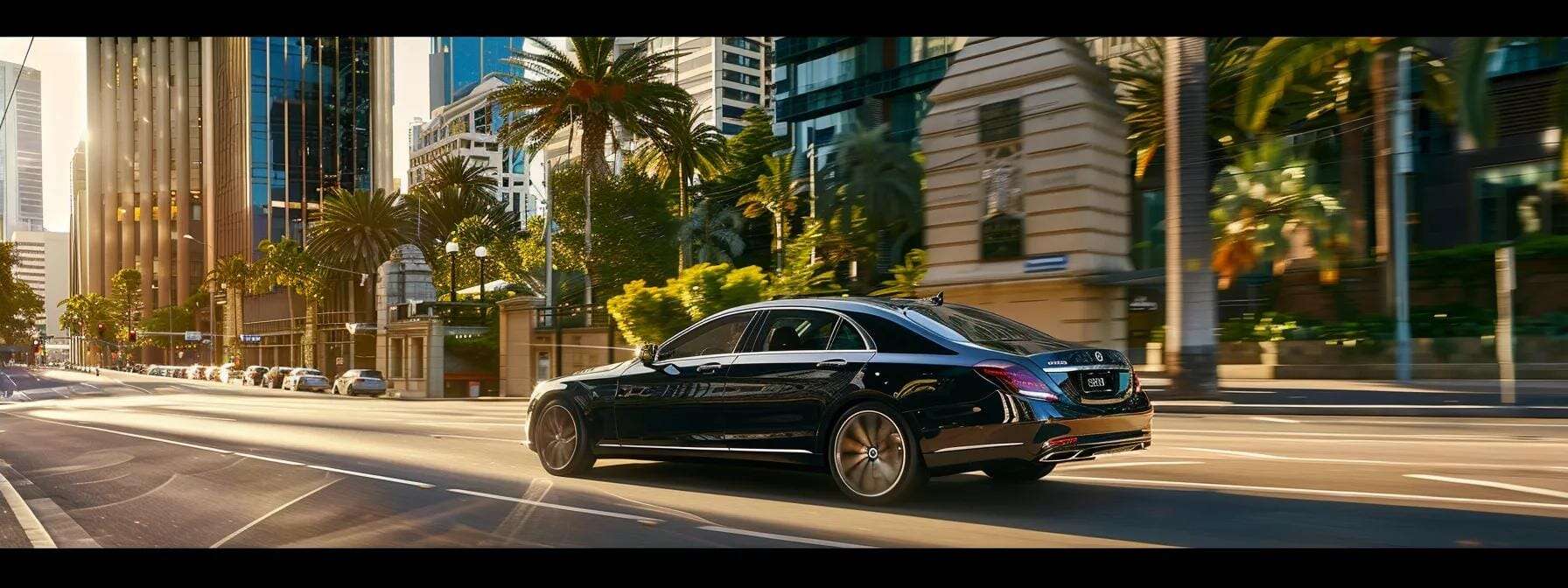 a sleek black luxury sedan glides smoothly along a sun-drenched brisbane street, with modern skyscrapers in the background, epitomizing the elegance and convenience of corporate transfers against a vibrant cityscape.