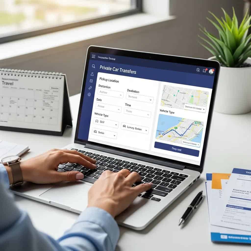 Executive assistant managing travel bookings through a corporate portal