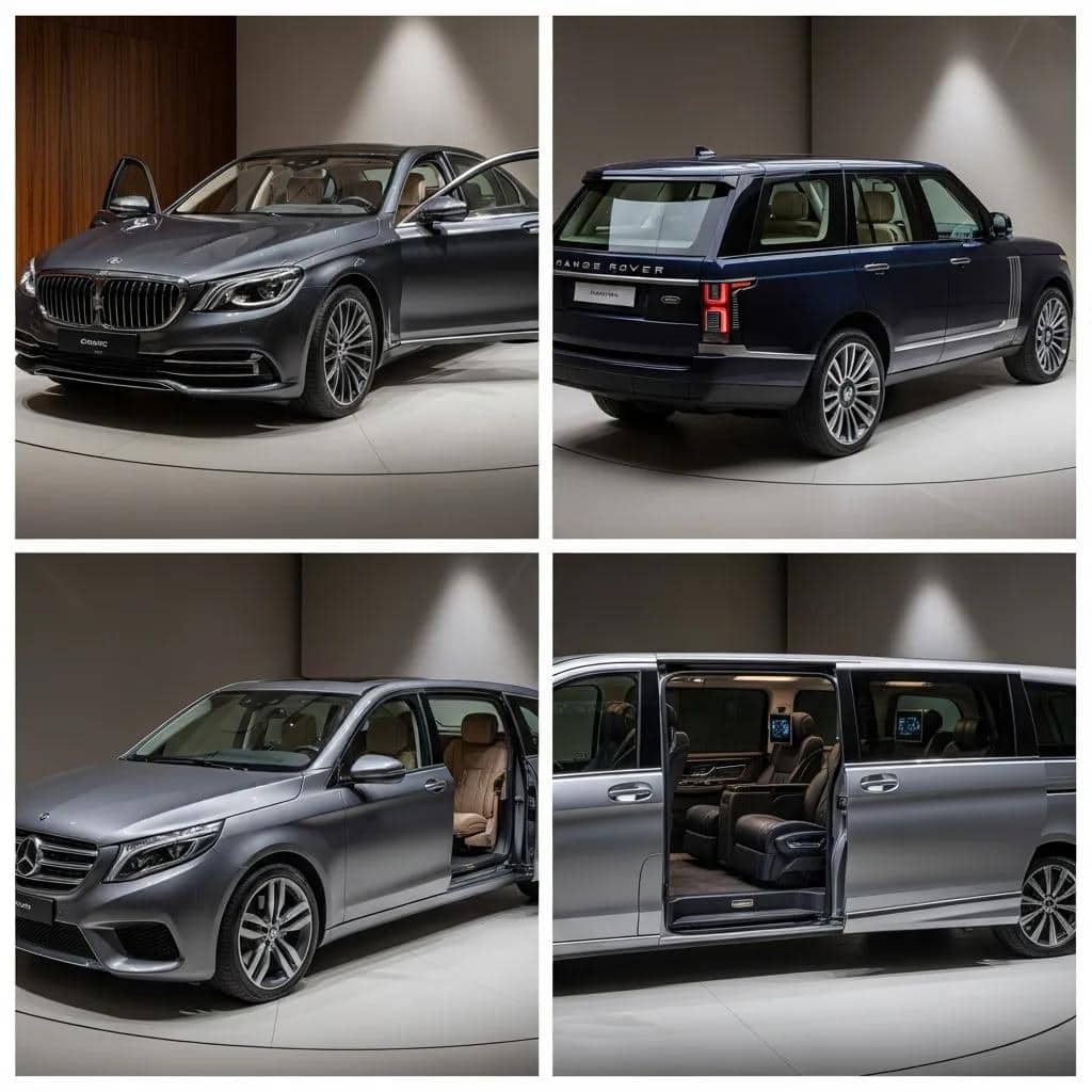 Luxury vehicles for executive travel including a sedan, SUV, and people mover