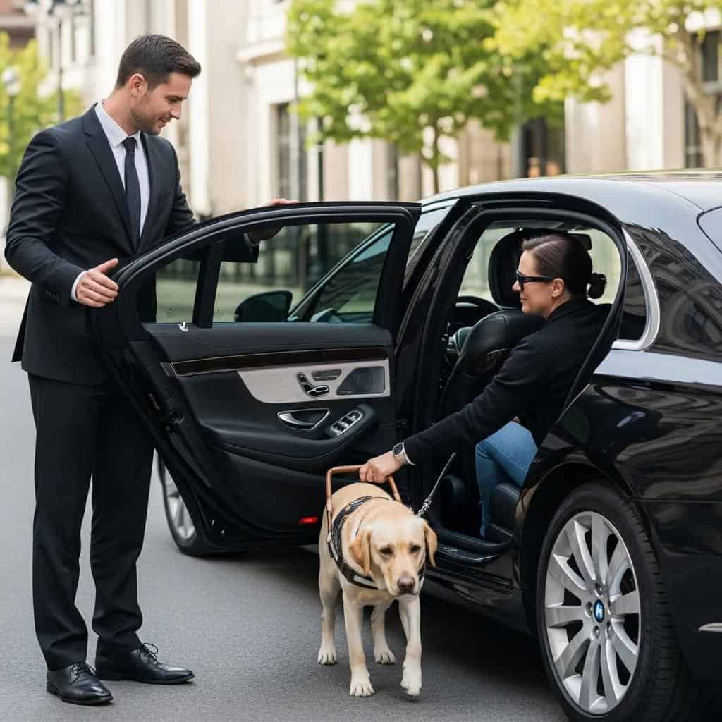 Chauffeur assisting a client with a guide dog into a luxury vehicle, showcasing accessibility and inclusivity
