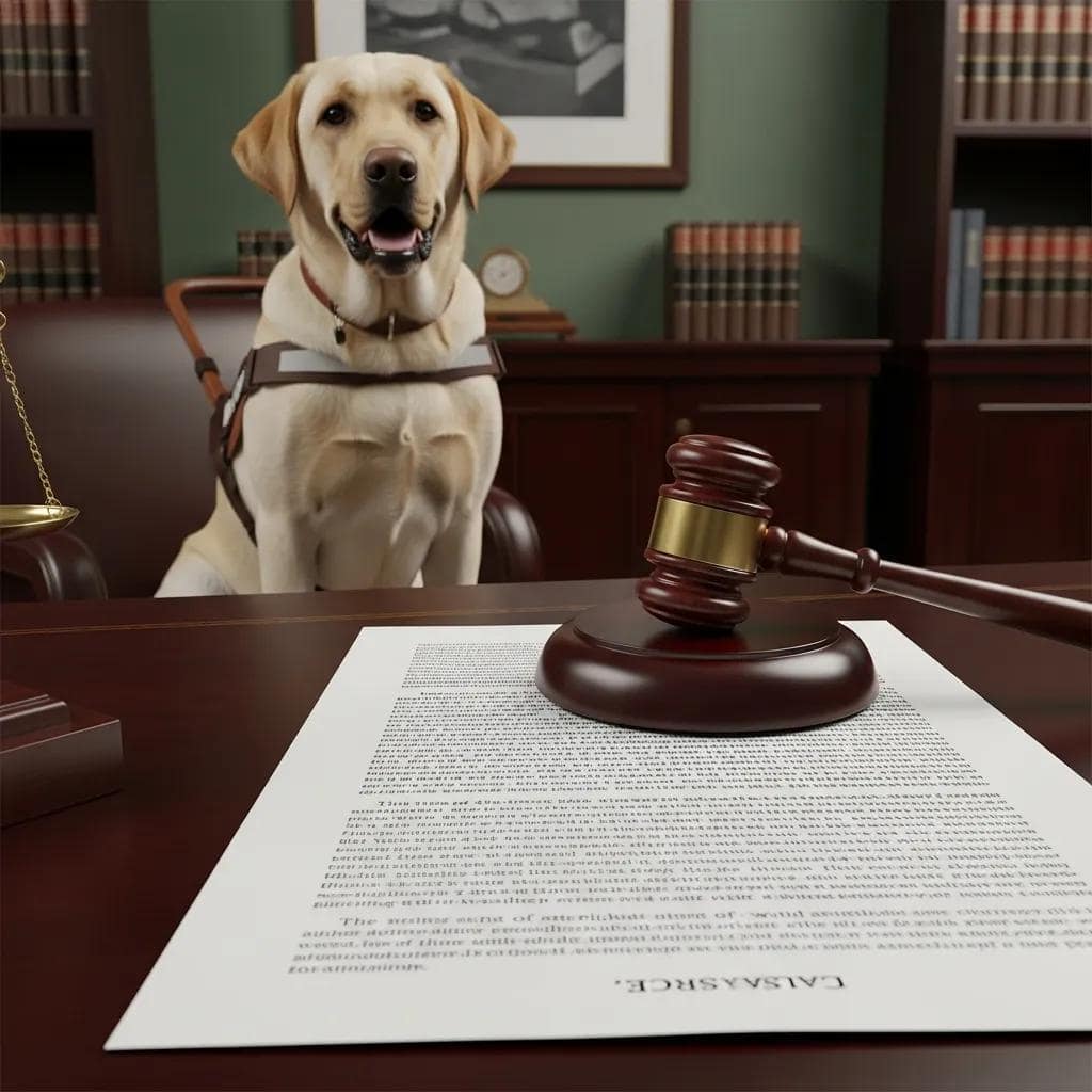 Legal document and gavel with a guide dog, representing the laws protecting assistance animals in transport