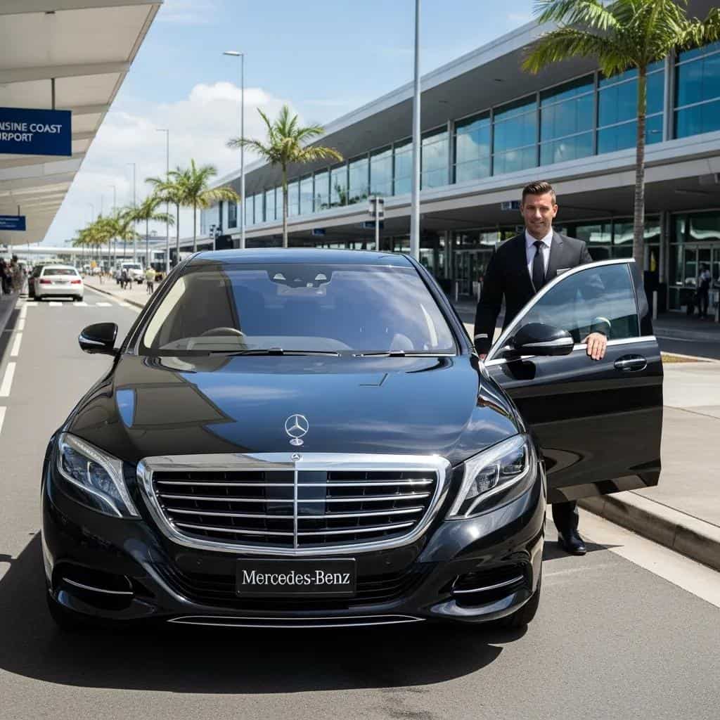 Luxury vehicle at Sunshine Coast Airport highlighting premium transfer services