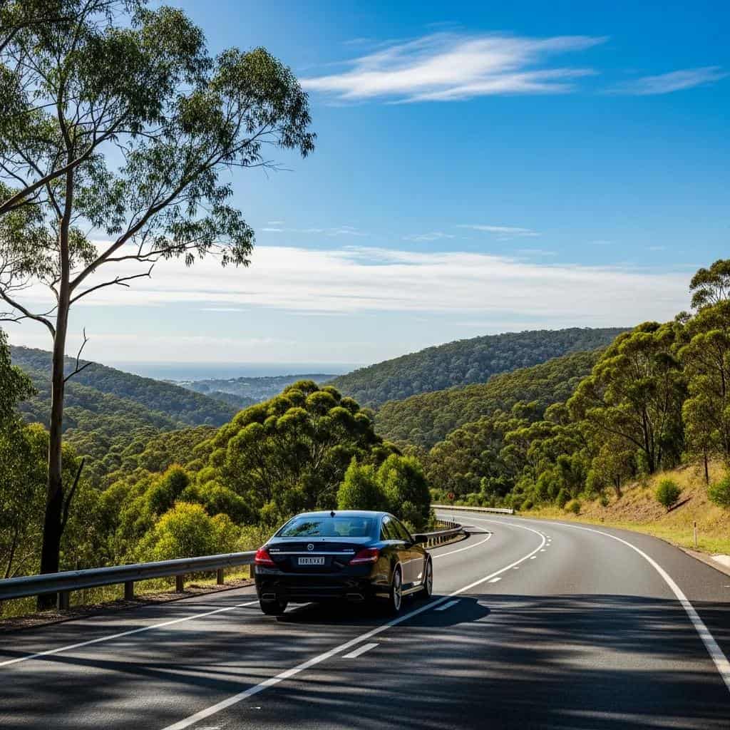 Private car on M1 Princes Motorway between Wollongong and Sydney, highlighting scenic travel