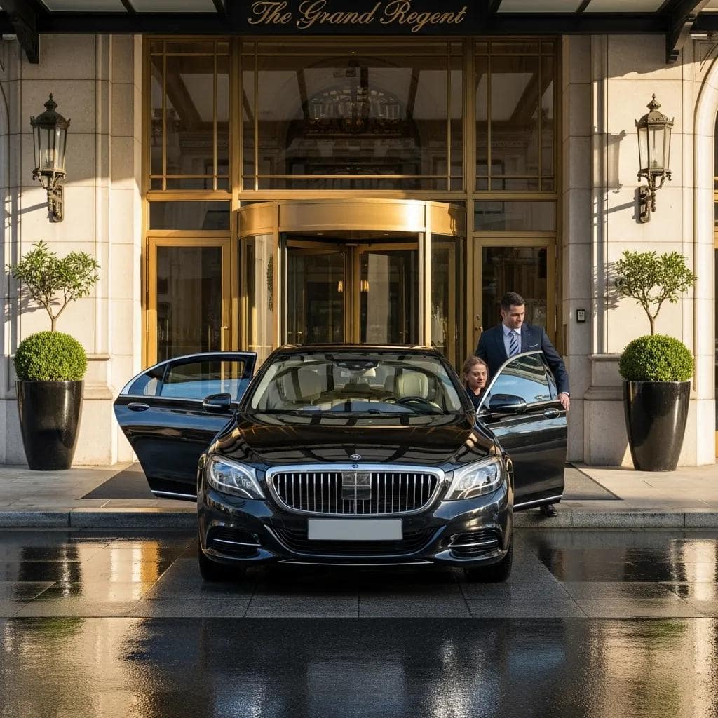 Luxury chauffeur service vehicle at a hotel entrance