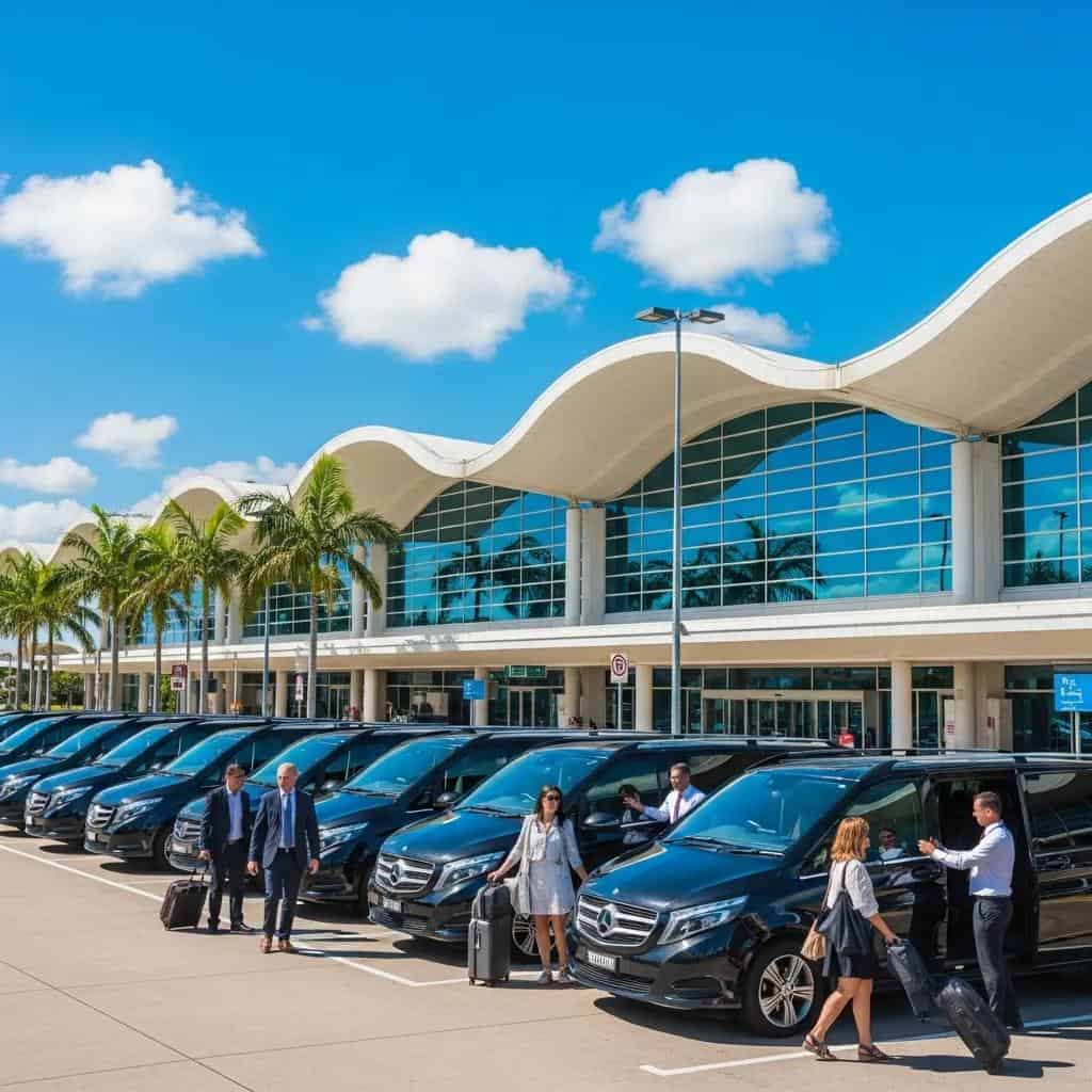 Luxury shuttle vehicles at Sunshine Coast Airport, representing seamless travel to Noosa