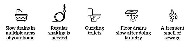 Friendly icons alongside clear text highlight five common plumbing issues featured in the Bonfe Insider December 2022 newsletter: slow drains, frequent need for drain snaking, gurgling toilets, sluggish laundry drains, and recurring sewage odors—problems Bonfe’s skilled team addresses for their valued customers.