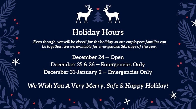 A festive dark blue holiday notice featuring reindeer shares Bonfe Insider’s December 2022 business hours. The message notes that Bonfe’s team will be available for regular service on December 24, and for emergency assistance only on December 25-26 and December 31-January 2. The announcement concludes with a warm holiday greeting from the Bonfe family to their valued customers.