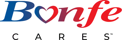 The Bonfe Cares logo features the word “Bonfe” in eye-catching blue and red gradient letters, with a heart-shaped “o” representing community and care. Just below, “CARES” is displayed in bold black uppercase letters, reflecting Bonfe’s commitment to supporting their team members, customers, and the community.