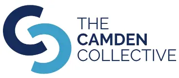 The Camden Collective logo displays two interlocking C shapes—one in dark blue and one in light blue—to represent a sense of community, placed beside the organization’s name written in bold blue text.