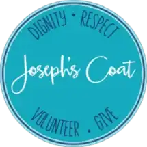 A blue circular logo displays the words “Joseph’s Coat,” with the values “Dignity • Respect • Volunteer • Give” encircling the edge, reflecting Bonfe’s commitment to supporting community spirit and service throughout Minnesota.