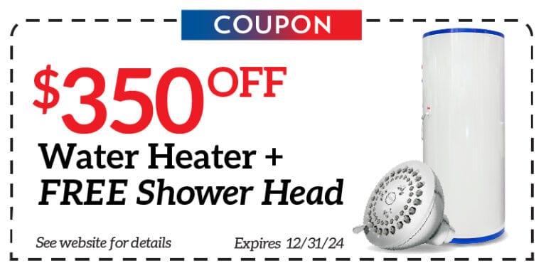 A special Bonfe coupon displays $350 off a new water heater installation, along with a complimentary shower head for customers. The bold offer highlights the expiration date of 12/31/24. Helpful reminders encourage you to watch for common drain clearing signs and visit Bonfe’s website for complete service details.