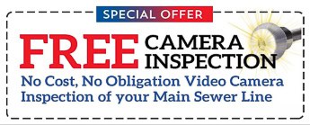 Bonfe is offering a special deal: get a complimentary camera inspection of your main sewer line with absolutely no cost or obligation. The announcement features blue, black, and red text alongside a graphic of professional-grade sewer camera equipment, emphasizing Bonfe’s reliable service.