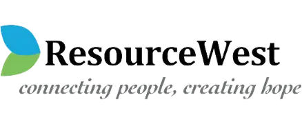 The ResourceWest logo features two green leaves on the left side and displays the tagline “connecting people, creating hope” in elegant cursive beneath the organization’s name, emphasizing its dedication to building community across Minnesota.