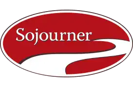A vibrant red oval logo displays the word “Sojourner” in crisp white lettering, with a graceful white winding path graphic beneath. This design warmly represents community connections throughout Minnesota.