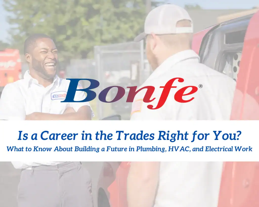 Two Bonfe team members in professional work uniforms stand beside a bright red Bonfe service van, smiling. Discover if a rewarding career in trades like plumbing or HVAC is right for you, and get the scoop on our December 2025 Bonus Bonfe Insider!.